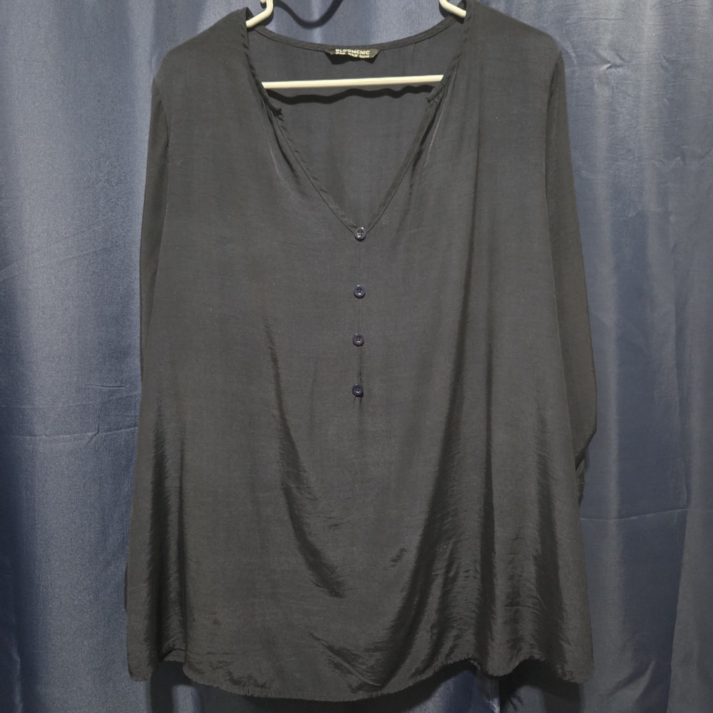 BloomChic Navy V-Neck Blouse with Button Detail